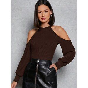 Women Open Shoulder Long Sleeve Solid Color Casual T-Shirt, Autumn
